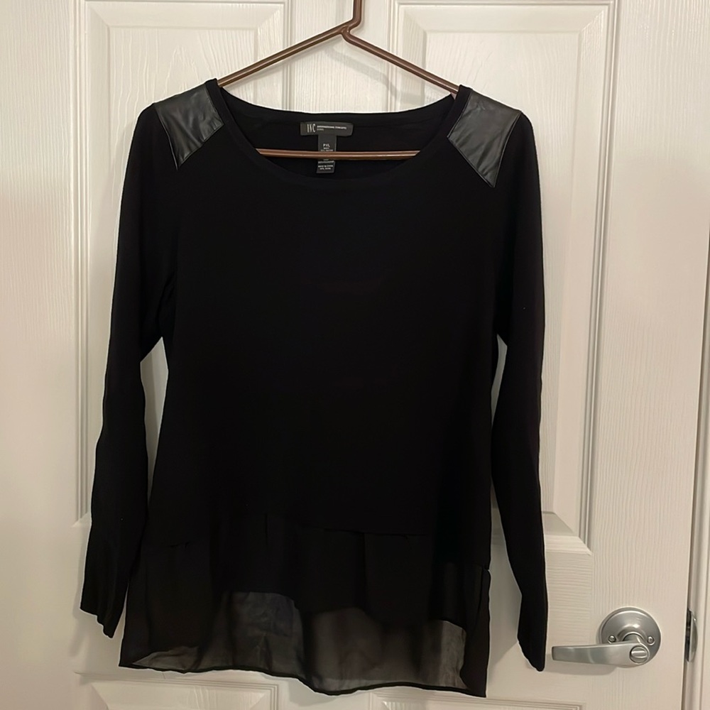 NWOT Black Top with Sheer Trim and Faux Leather detail